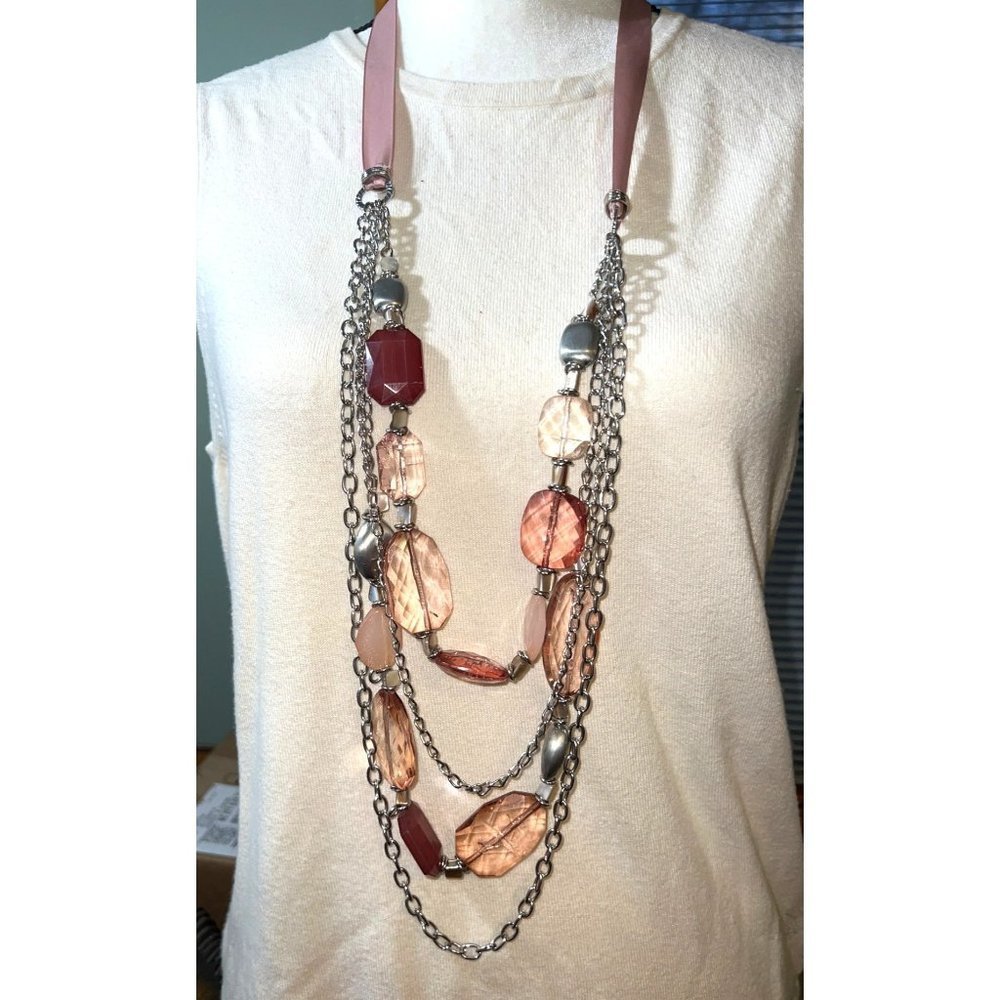 NY Pink Layered Silver-tone Necklace -- 34"